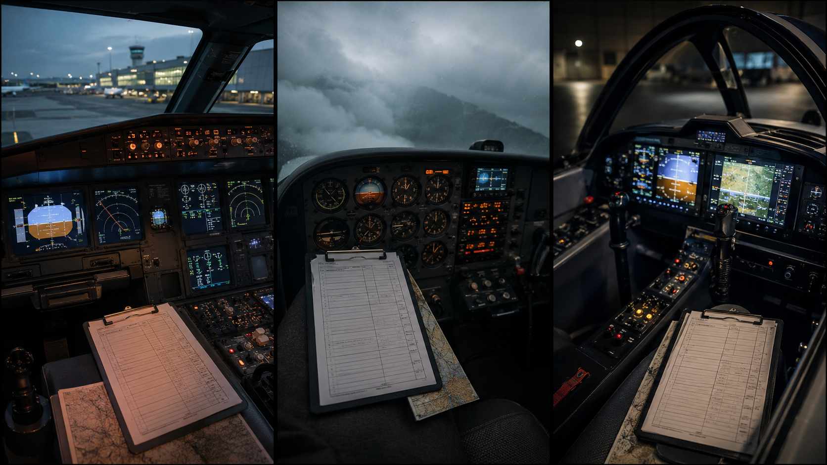 Three-panel cinematic triptych showing different aircraft cockpits: a commercial jet before departure, a small plane flying through cloudy low-visibility weather, and an advanced aircraft cockpit at night. Each cockpit includes a clipped flight plan or chart, suggesting the same plan carried across different flying environments.